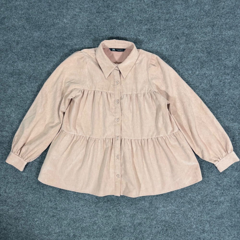 Zara Tiered Babydoll Top Womens S Pink Button Front Long Sleeve Boho Cottagecore